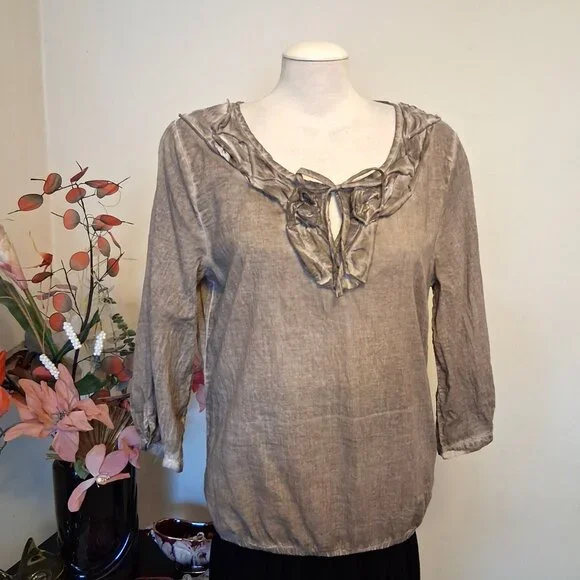 NWOT Monari Women’s Light Brown Ruffle Design Blouse Top ¾ Sleeve Summer Tops 10 - Picture 5 of 14